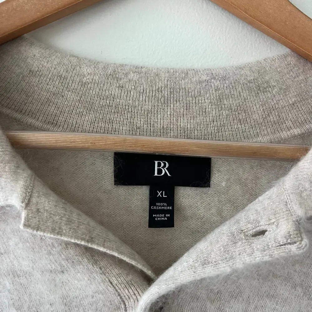 Banana Republic 100% Brushed Cashmere Oatmeal Cream Long Sleeve Polo Sweater